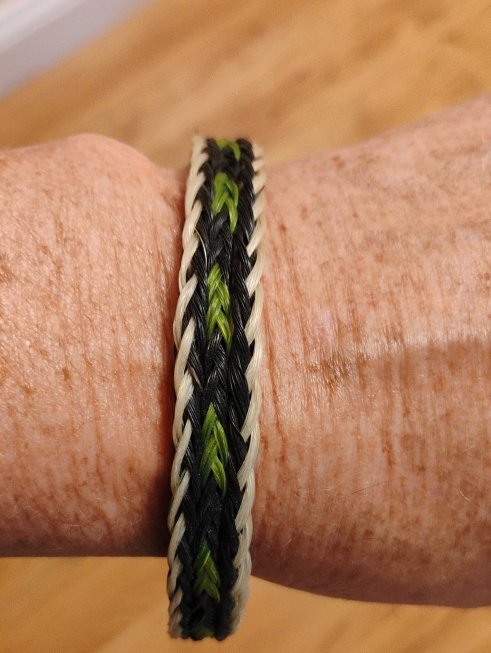 Handmade Horsehair Braided Bracelet in Black, Cream & Green